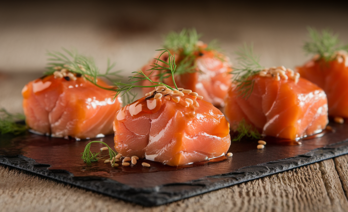 Golden brown candied smoked salmon bites on a wooden board, garnished with fresh dill and lemon slices, drizzled with honey glaze.