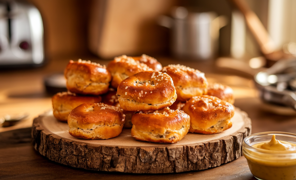 Golden brown canned biscuit pretzel bites arranged on a white plate with coarse salt sprinkled on top.