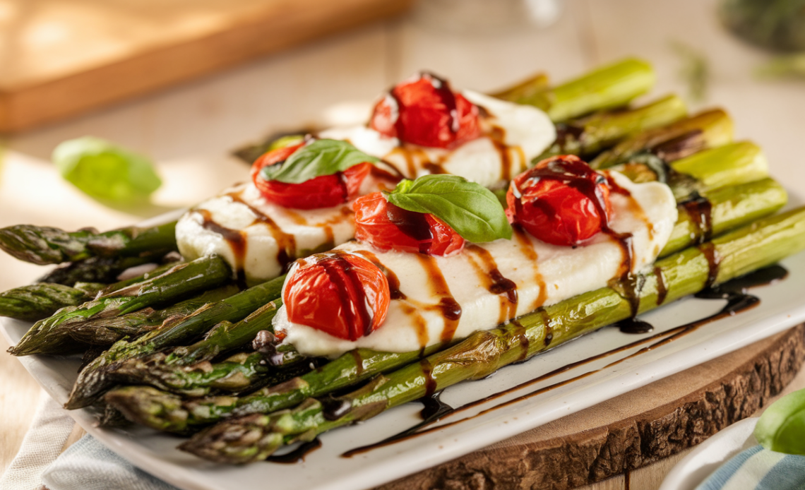 Fresh roasted asparagus topped with melted mozzarella, cherry tomatoes, basil, and a balsamic glaze on a white ceramic plate.