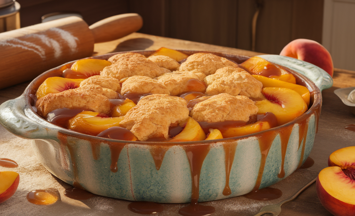 Warm caramel peach cobbler with golden crust, juicy peaches, and drizzled caramel sauce, served in a rustic baking dish.