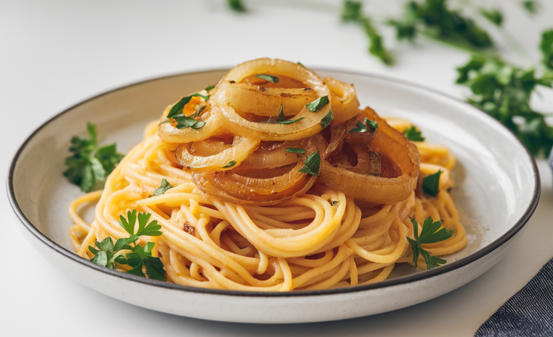 Close-up of a plate of spaghetti topped with golden caramelized onions and fresh herbs.