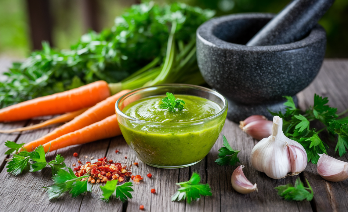 Fresh green chimichurri sauce made with carrot tops, parsley, garlic, olive oil, and red wine vinegar in a small glass jar with a spoon.