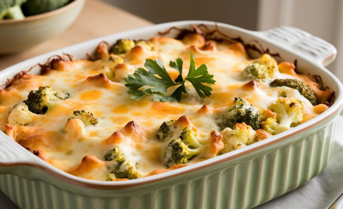 Creamy cheesy broccoli cauliflower casserole with golden breadcrumb topping, baked in a ceramic dish.