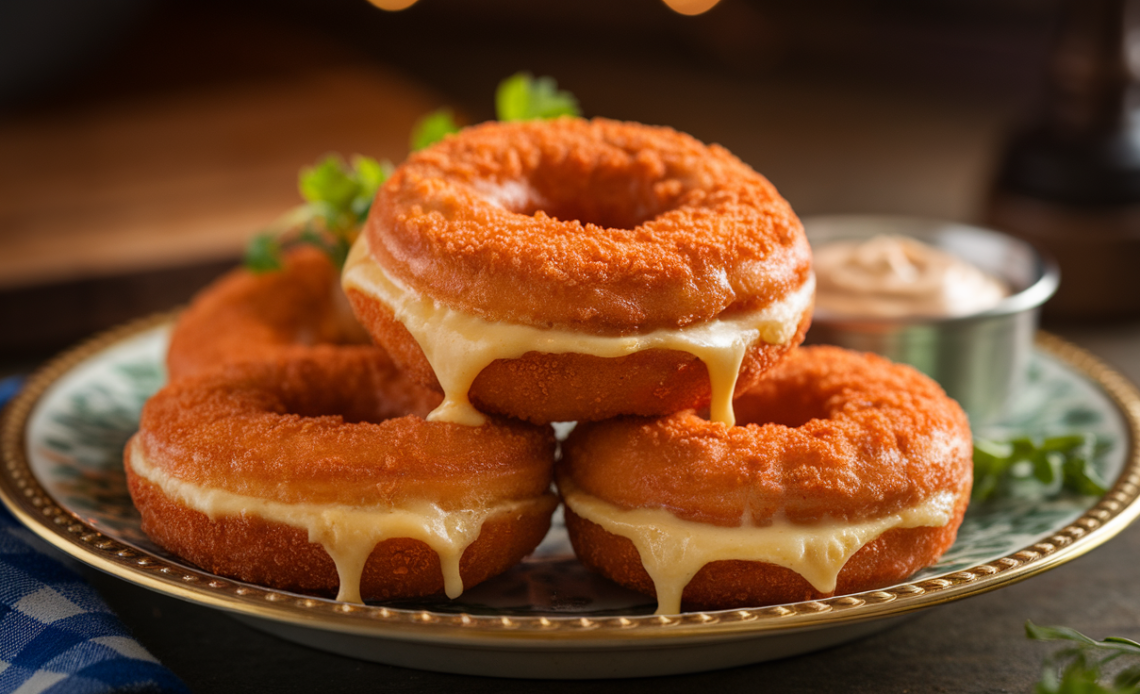 Golden-brown cheesy chicken donuts stacked on a plate, garnished with herbs and served with dipping sauce.