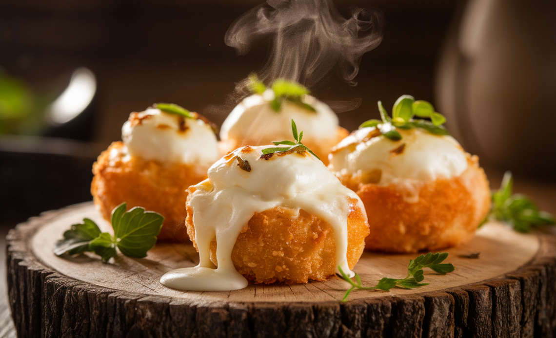 Crispy golden-brown mozzarella and parmesan cheese bites on a white plate, garnished with fresh parsley and served with marinara sauce.