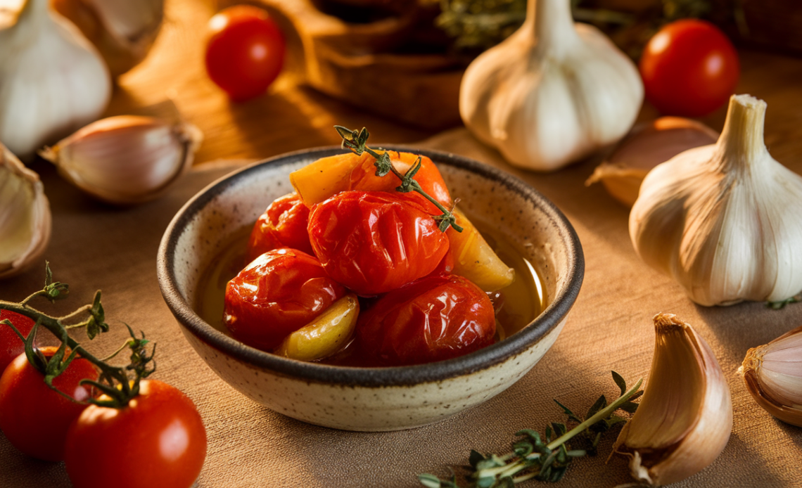 Slow-roasted cherry tomato confit with caramelized garlic and shallots in olive oil, served in a rustic ceramic dish.