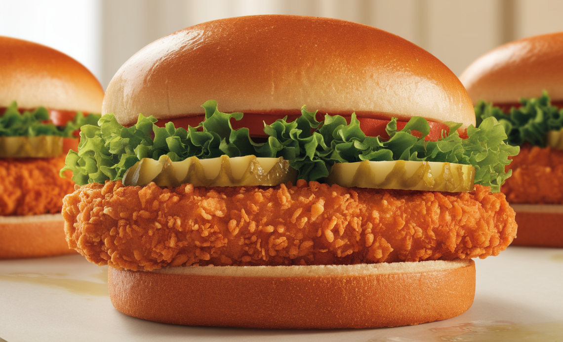 Fresh Chick-fil-A Crispy Chicken Sandwich with golden-brown breaded chicken, buttered bun, and pickles on a white plate.