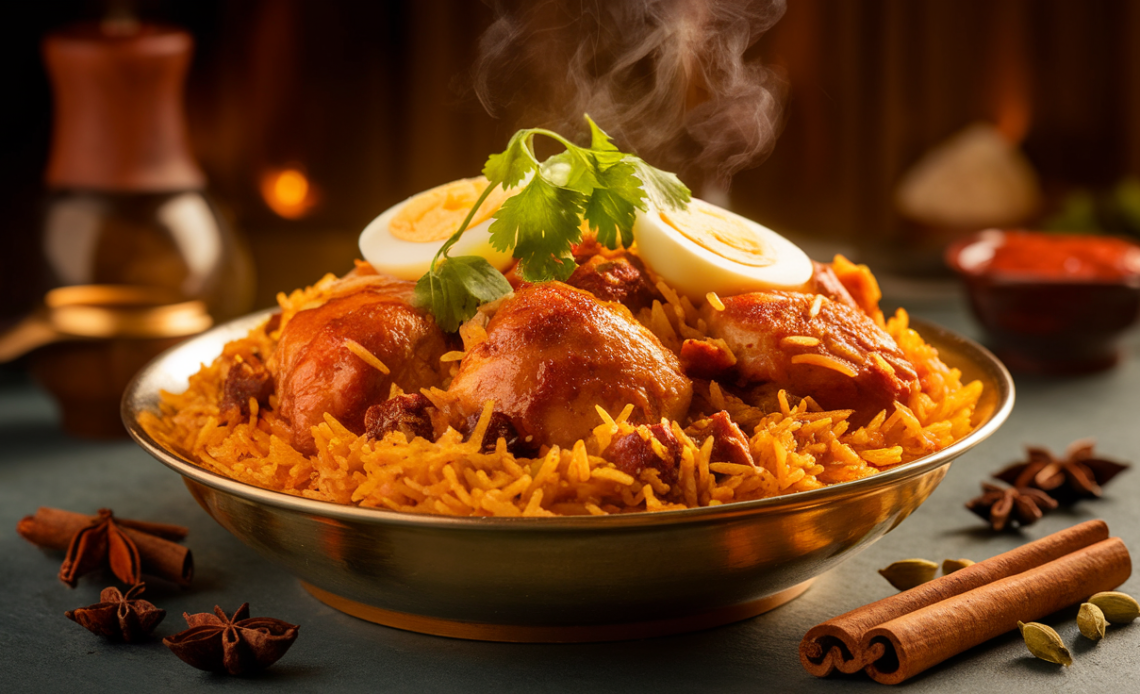 Steaming pot of aromatic chicken biryani with golden fried onions, saffron-infused rice, and fresh cilantro garnish on a wooden table.