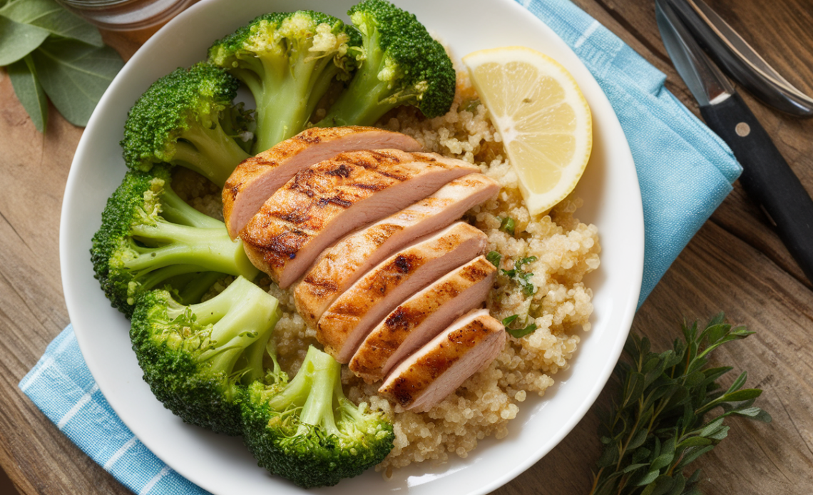 A healthy bowl of chicken, broccoli, and quinoa garnished with fresh herbs.