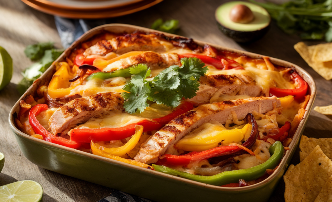 Baked chicken fajita casserole in a white dish with melted cheese, bell peppers, onions, and tender chicken strips.
