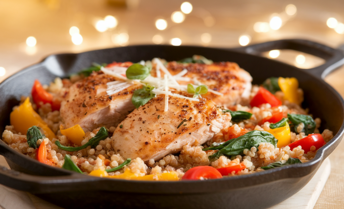 One-pan chicken quinoa skillet with tender chicken, fluffy quinoa, spinach, and cherry tomatoes, garnished with fresh parsley.