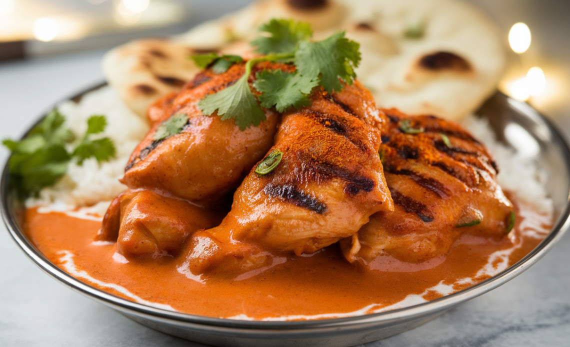 Aromatic Chicken Tikka Masala in a bowl with creamy tomato sauce, tender grilled chicken pieces, garnished with fresh cilantro and served with basmati rice and naan bread.