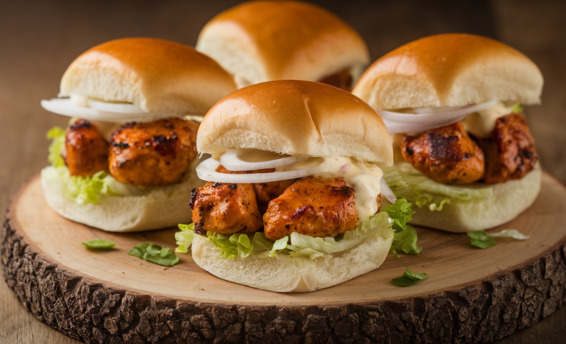 Close-up of juicy chicken tikka sliders with fresh lettuce and creamy sauce in soft slider buns.