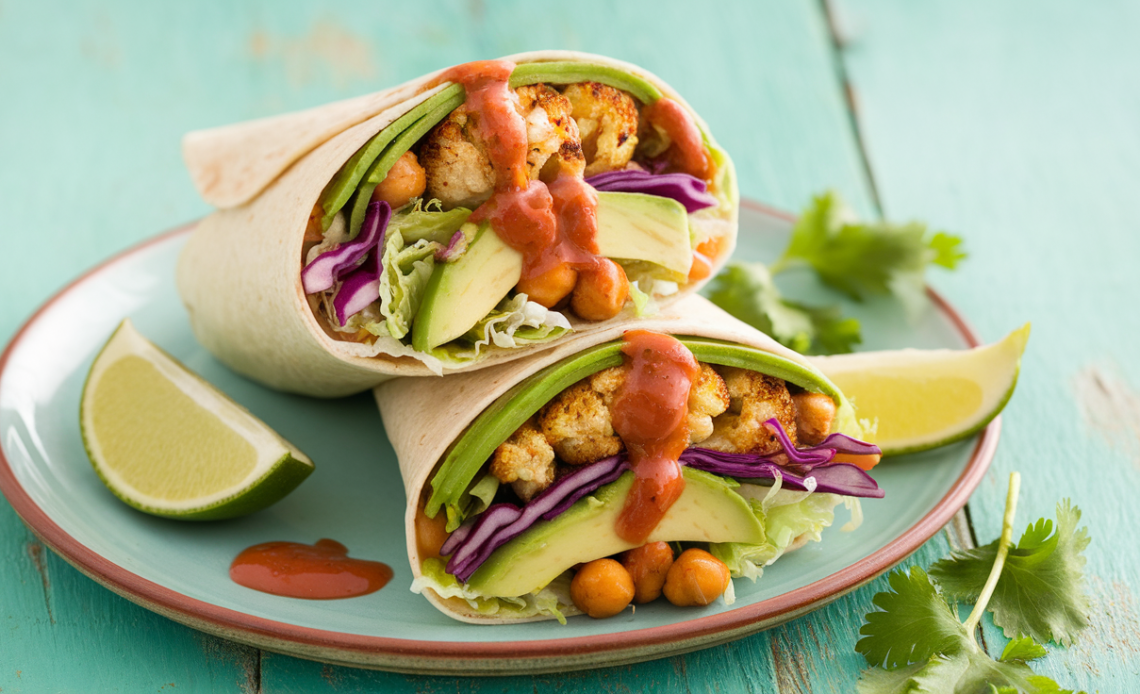 Chili Lime Chickpea Cauliflower Wrap filled with roasted chickpeas, cauliflower florets, fresh greens, and drizzled with a zesty lime sauce, served on a wooden plate.