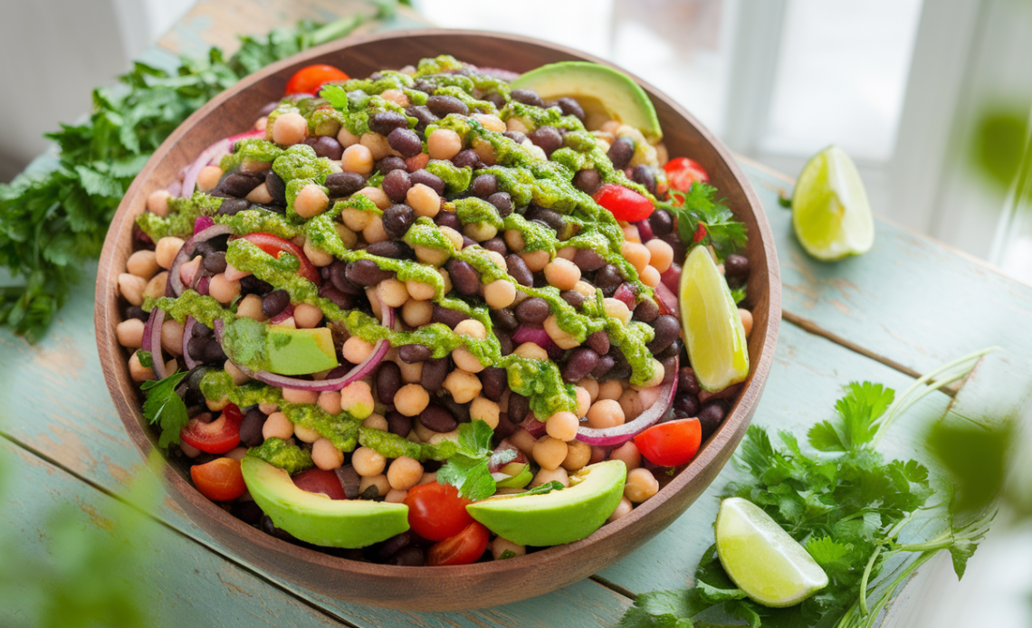 Vibrant chimichurri bean salad with white beans, cherry tomatoes, red onion, and fresh parsley in a bright green chimichurri sauce, served in a rustic bowl.