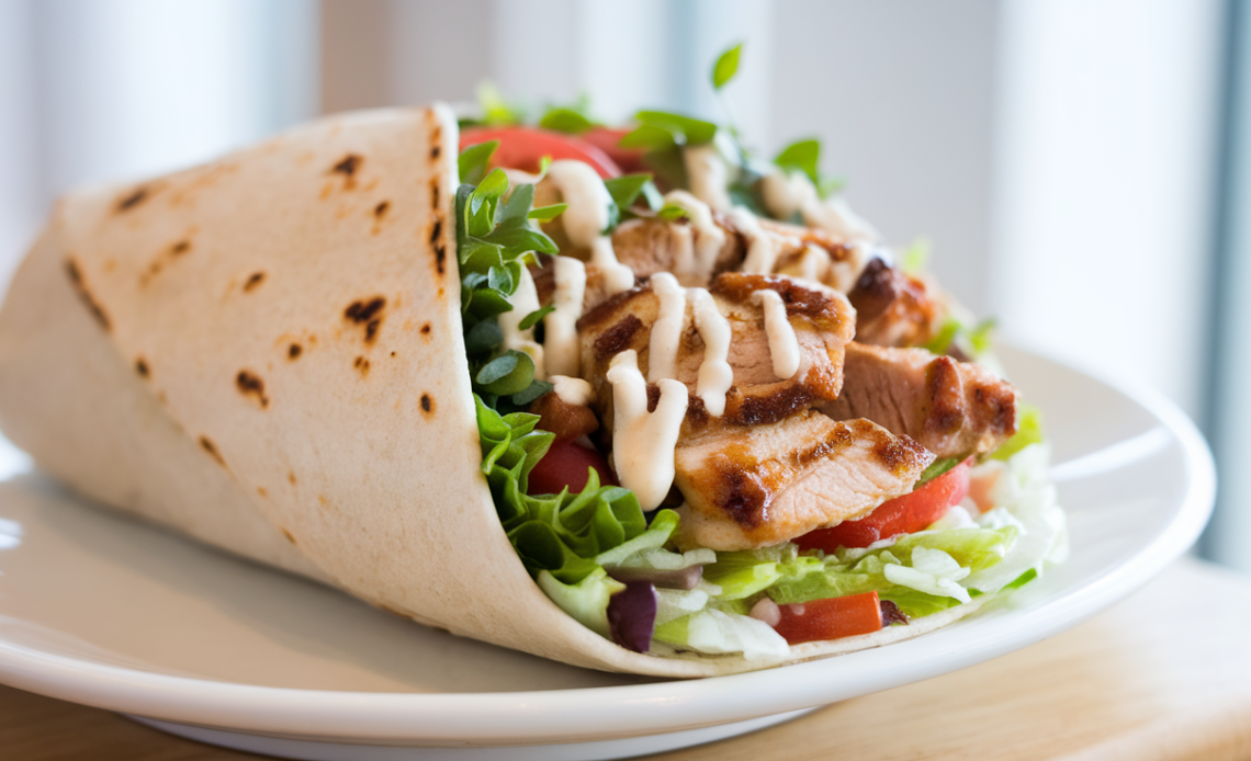 Grilled chicken burrito wrapped in a soft tortilla with chipotle ranch sauce, fresh lettuce, and melted cheese.
