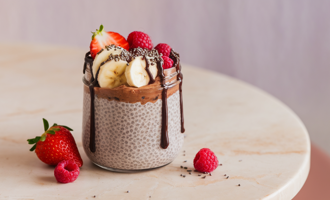 Creamy chocolate chia pudding in a glass jar topped with fresh raspberries and shredded coconut, a simple 4-ingredient healthy dessert.