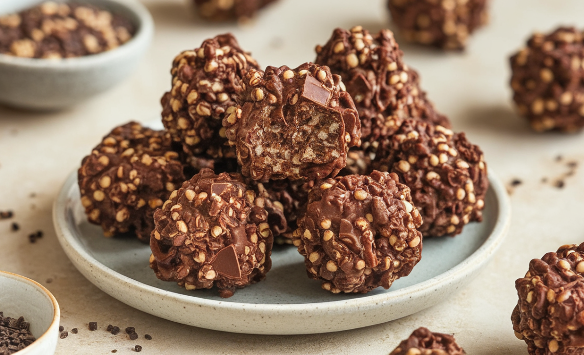 Homemade Chocolate Quinoa Crunch Bites with dark chocolate drizzle and sesame seeds on a white plate.