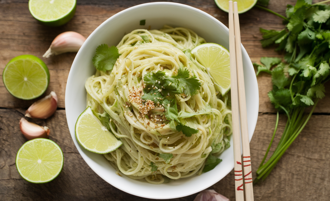 A vibrant bowl of cilantro lime noodles with fresh herbs, lime wedges, and sesame seeds on a wooden table.