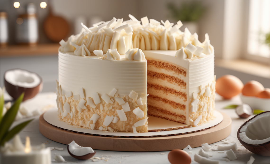 Moist layered coconut cake with creamy frosting, topped with toasted coconut flakes on a white plate.