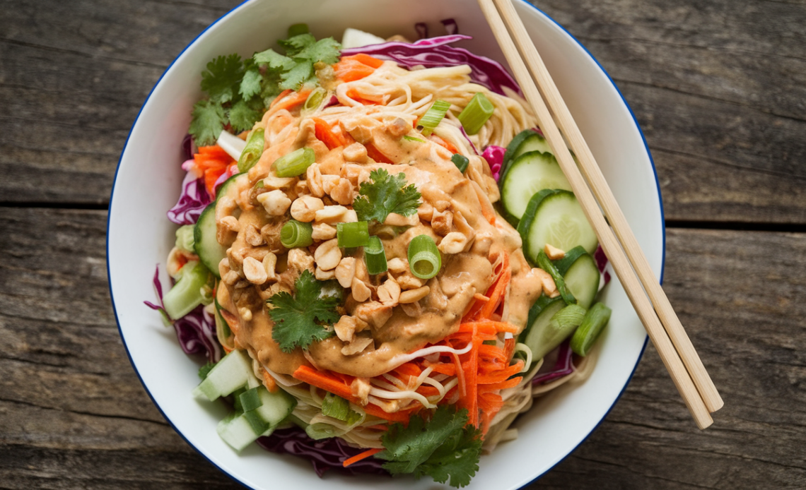 Vibrant cold peanut noodle salad with spiralized cucumber, shredded carrots, red bell peppers, and chopped green onions, drizzled with creamy peanut sauce in a white bowl.