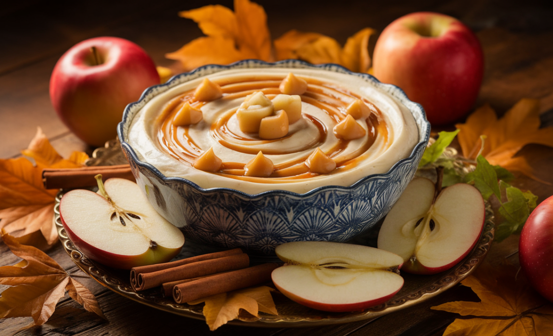 Creamy caramel apple dip with cream cheese, topped with chopped pecans, served with sliced apples in a rustic bowl.