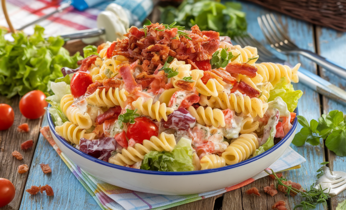 Creamy BLT pasta salad with crispy bacon, fresh lettuce, juicy tomatoes, and spiral pasta in a rich mayo dressing, topped with chives.