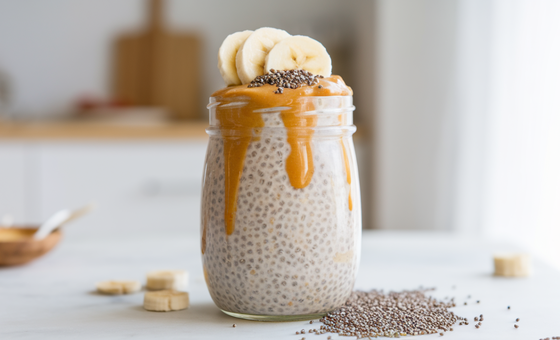 Creamy banana peanut butter chia pudding in a glass jar topped with sliced bananas, peanut butter drizzle, and chia seeds.