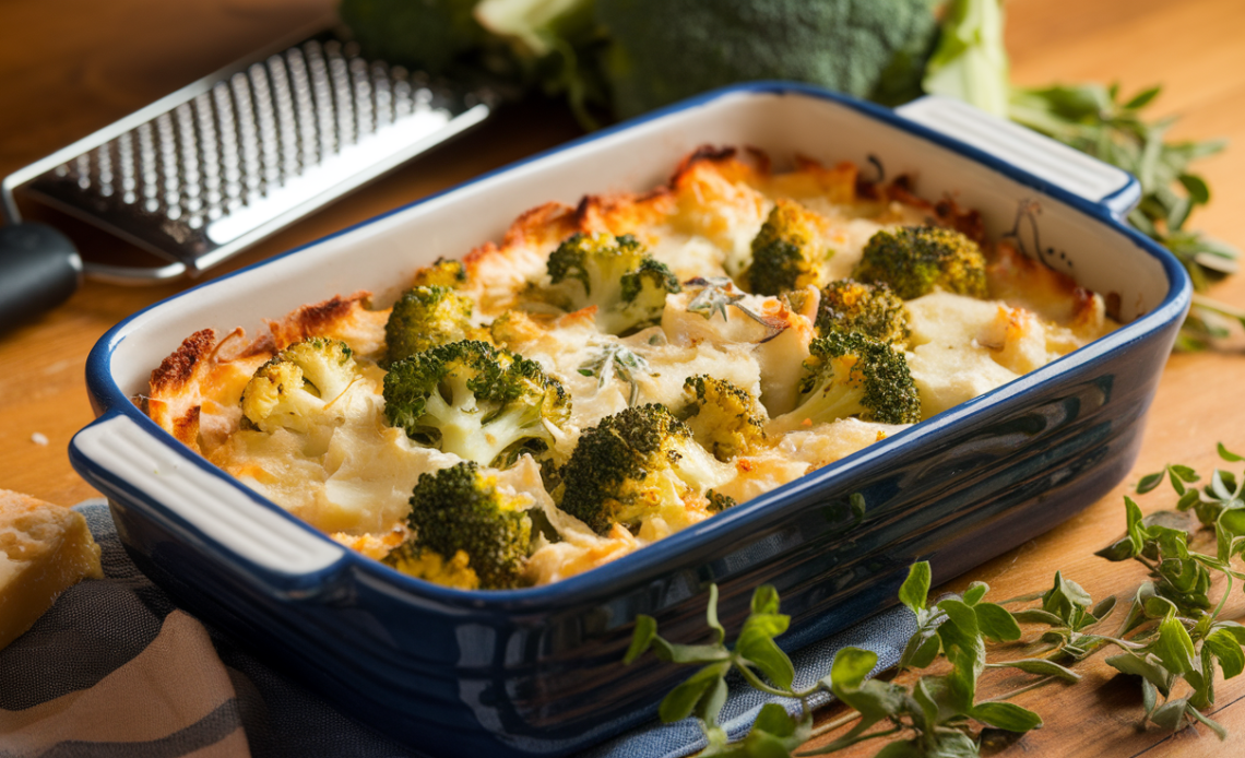 Creamy baked broccoli and cauliflower cheese casserole with golden breadcrumb topping, served fresh from the oven.