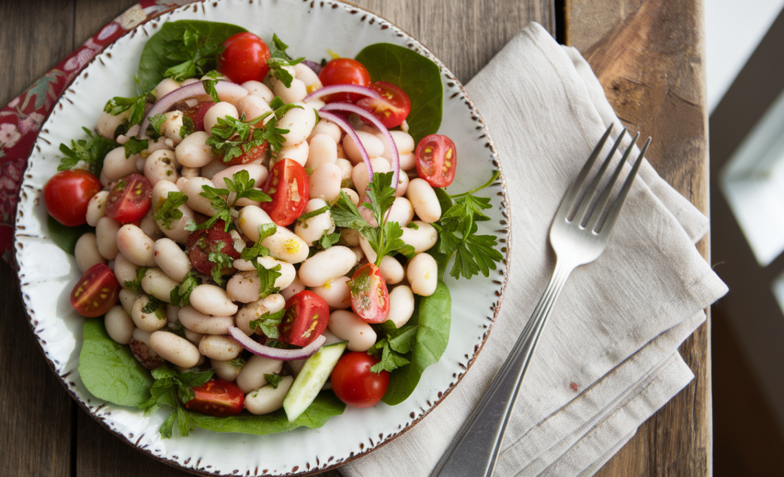 Fresh and vibrant Cannellini Bean Salad with cherry tomatoes, red onion, parsley, and a lemon-herb dressing in a white bowl.