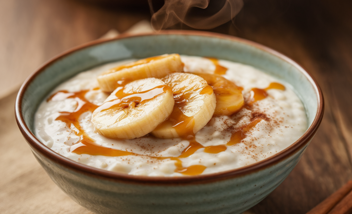 Warm caramelised banana porridge topped with golden sliced bananas, a drizzle of honey, and a sprinkle of cinnamon in a rustic bowl.