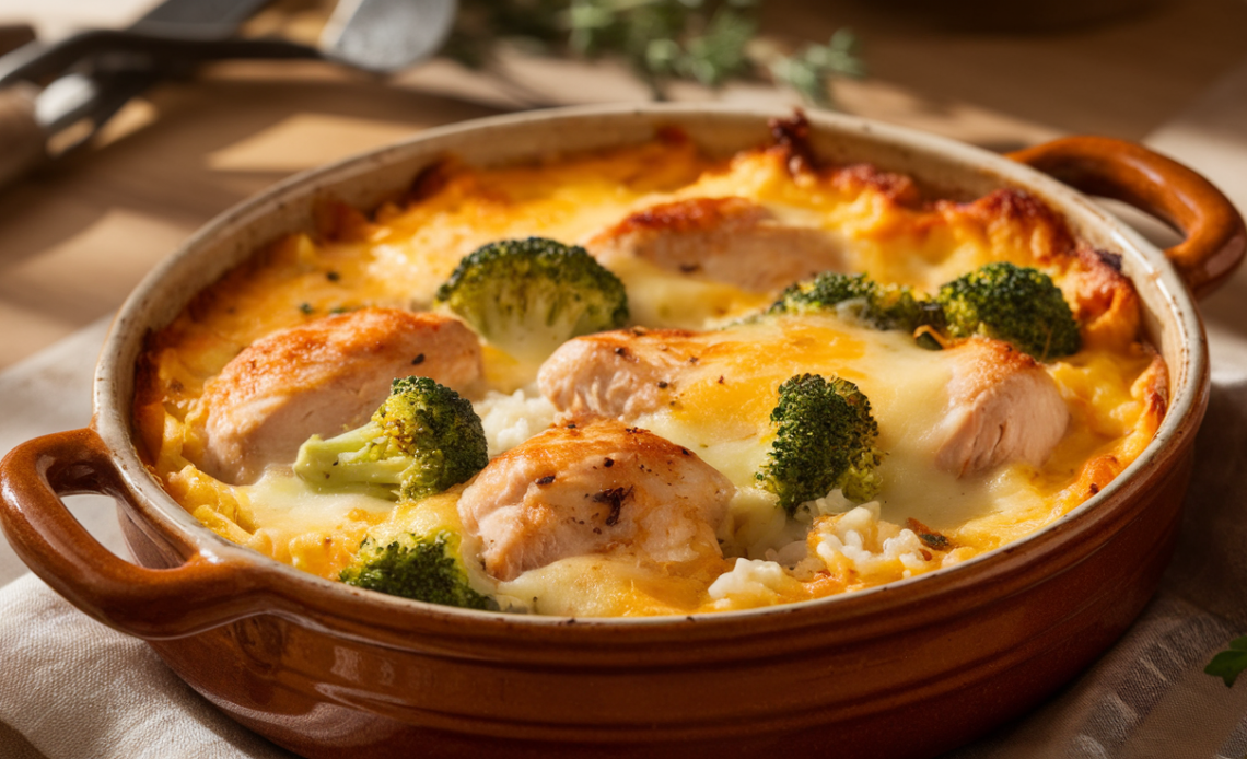 Creamy chicken broccoli rice cheese casserole served in a white baking dish, topped with melted golden cheddar and garnished with fresh parsley.