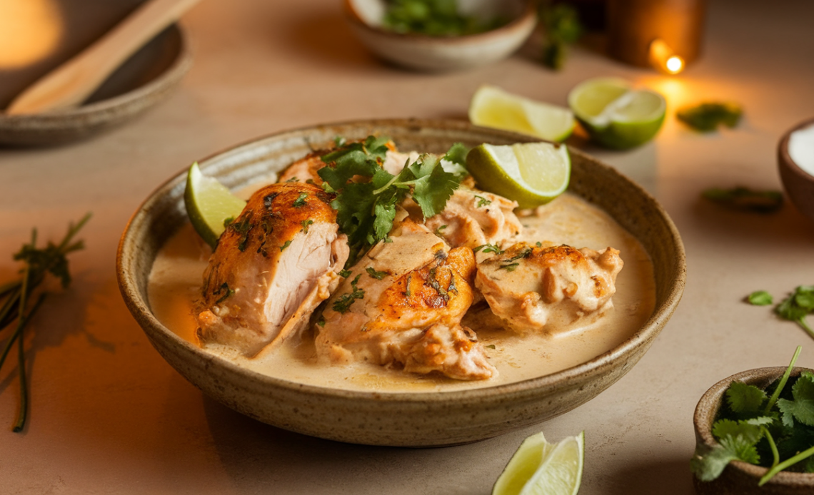 Creamy coconut milk chicken served in a white bowl, garnished with fresh cilantro and lime wedges.