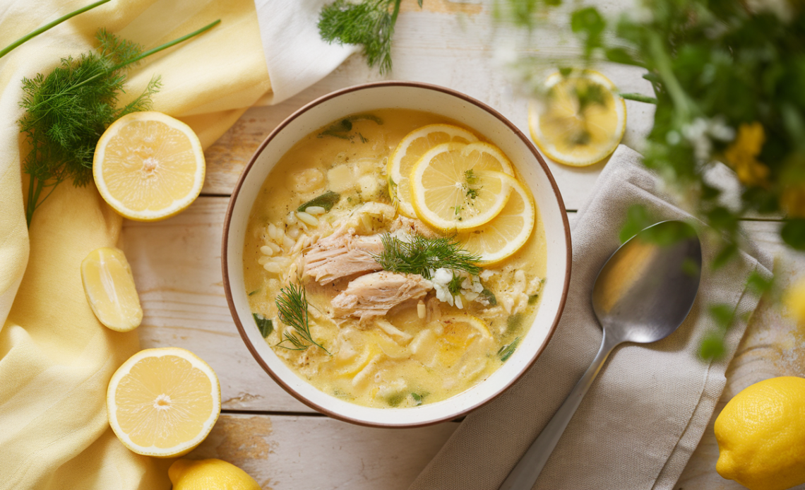 Creamy Greek lemon chicken soup (Avgolemono) with tender shredded chicken, orzo pasta, fresh dill, and a swirl of lemon zest in a white bowl.