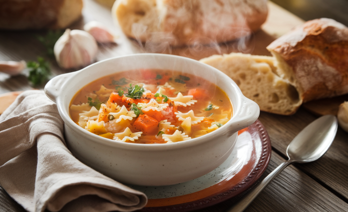 Bowl of Italian Pastina Soup with tiny star-shaped pasta, carrots, and fresh parsley served in a white ceramic bowl.