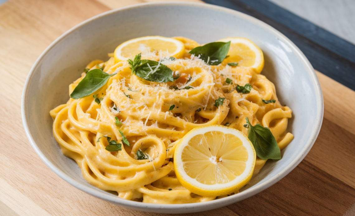 Creamy lemon pasta sauce with fresh herbs and grated parmesan cheese in a white bowl, served with al dente spaghetti.