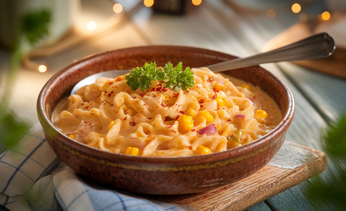 Creamy Maggi noodles cooked in a rich, silky sauce with vegetables and spices in a white bowl, garnished with fresh herbs.