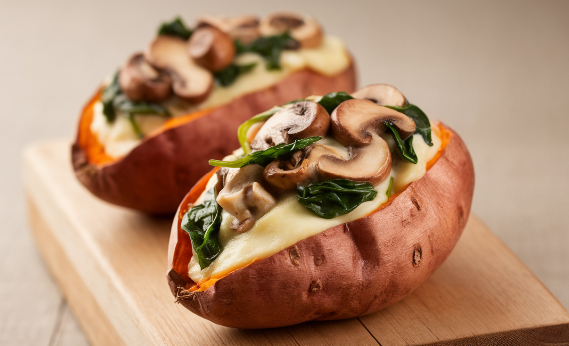 Stuffed sweet potatoes filled with creamy mushroom and spinach mixture, garnished with fresh herbs.
