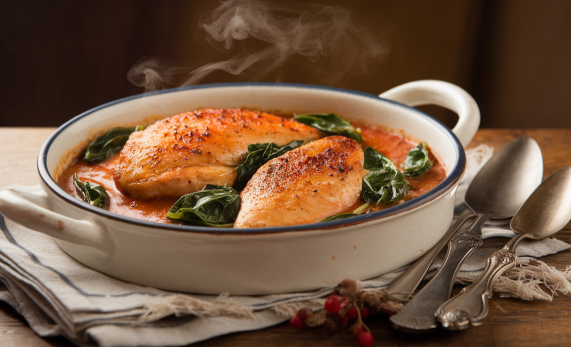 Creamy paprika chicken with spinach in a white dish, garnished with fresh herbs and served with crusty bread.