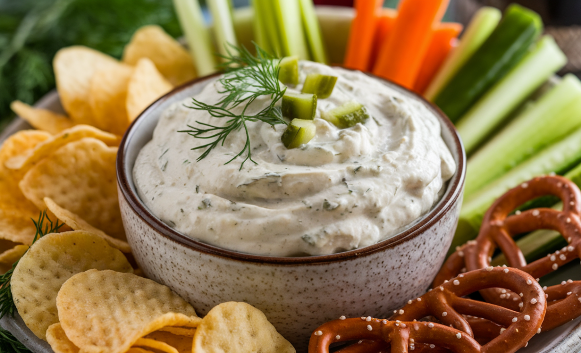 Creamy Ranch Dill Pickle Dip in a white bowl, garnished with fresh dill and served with crispy potato chips and fresh veggies.
