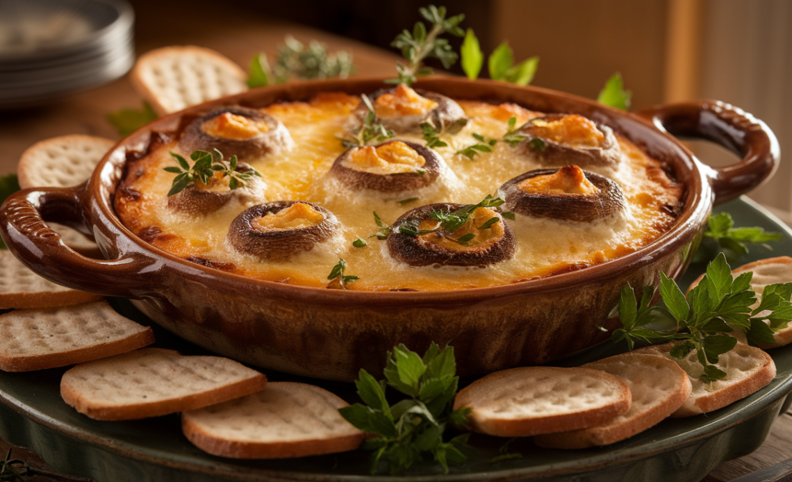 Creamy stuffed mushroom dip in a white ceramic dish, topped with melted cheese, parsley garnish, and served with toasted bread slices.