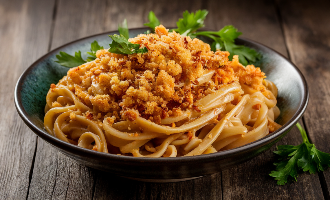 Creamy vegan butter garlic noodles topped with golden toasted breadcrumbs, fresh parsley, and red chili flakes in a white bowl.