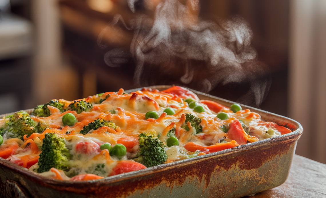 Creamy veggie casserole with melted cheese and colorful vegetables in a baking dish
