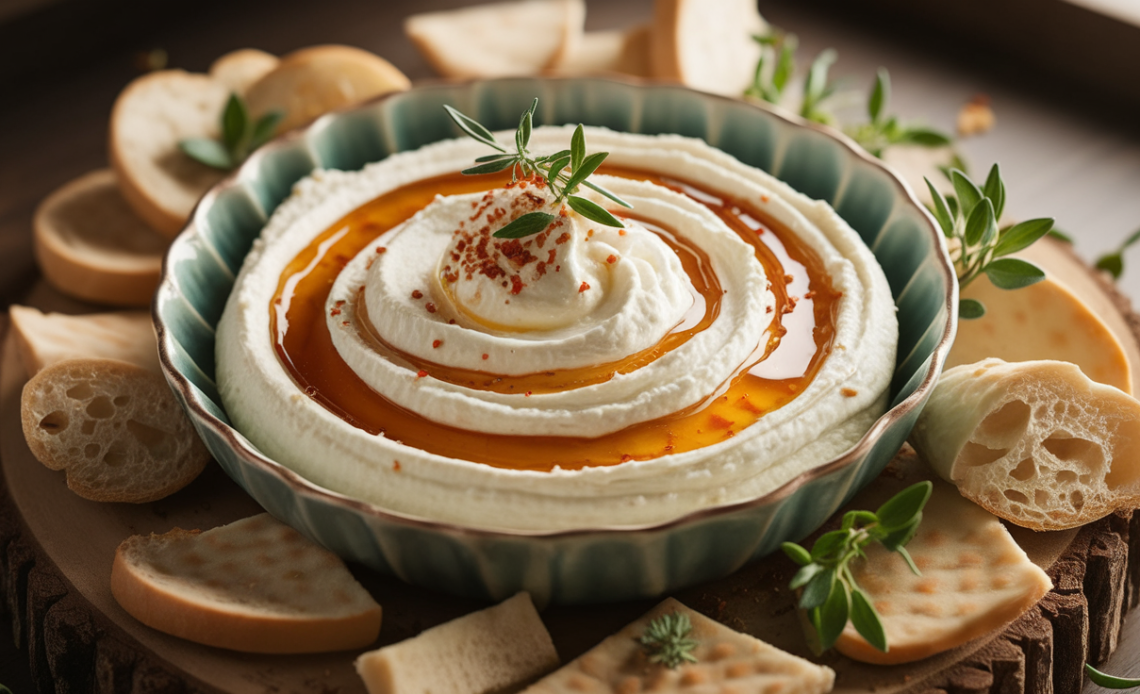 Creamy whipped feta dip drizzled with spicy honey, garnished with red pepper flakes and fresh thyme, served with toasted bread and vegetables.
