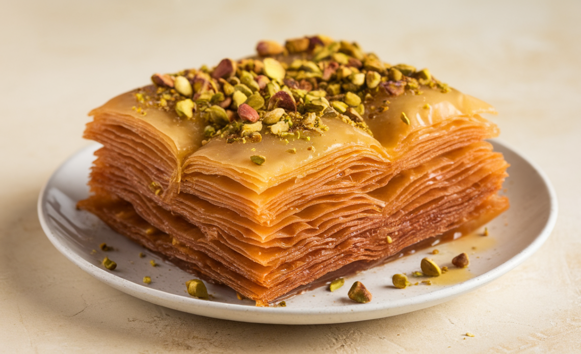Golden-brown crinkle cake made with flaky phyllo dough, layered with butter and sugar, topped with powdered sugar.