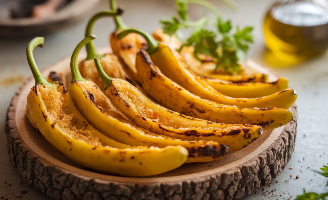 Crispy air-fried banana peppers in a basket, golden-brown with Parmesan and herbs, served with dipping sauce.