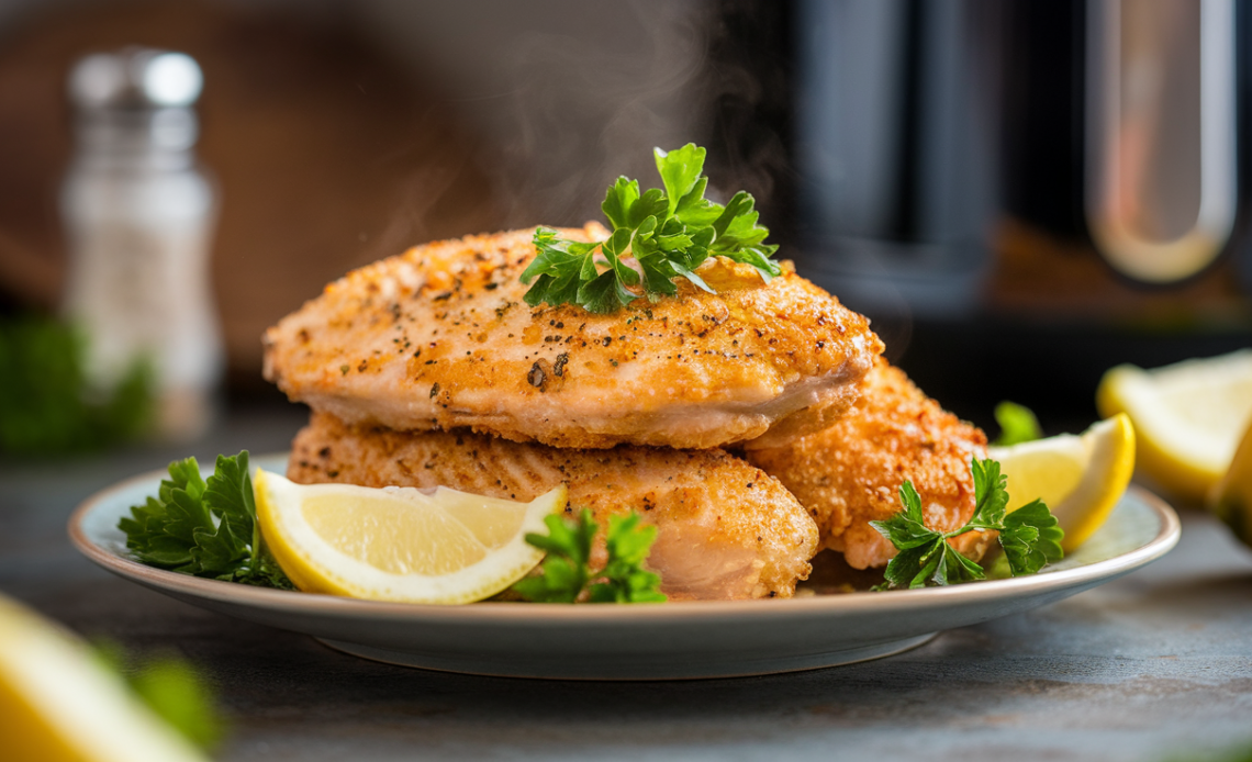 Golden, crispy lemon pepper chicken served on a white plate with fresh parsley and lemon wedges, cooked in an air fryer.