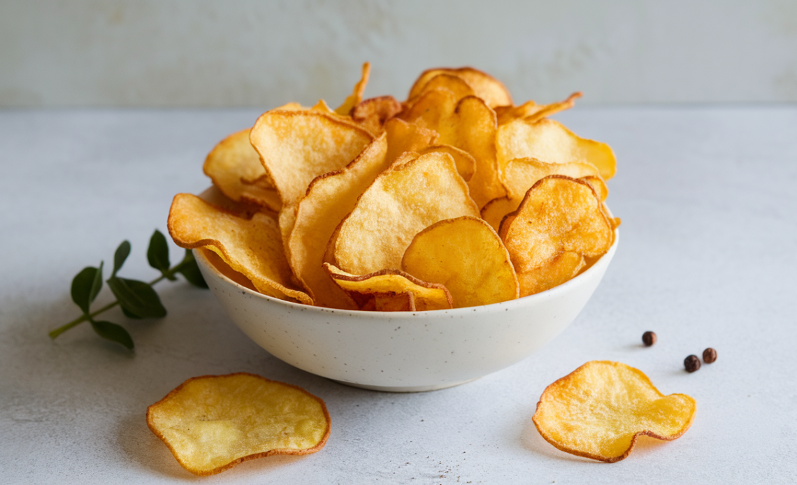 Homemade crispy air fryer potato chips with golden edges, sprinkled with sea salt and fresh herbs on a white plate.