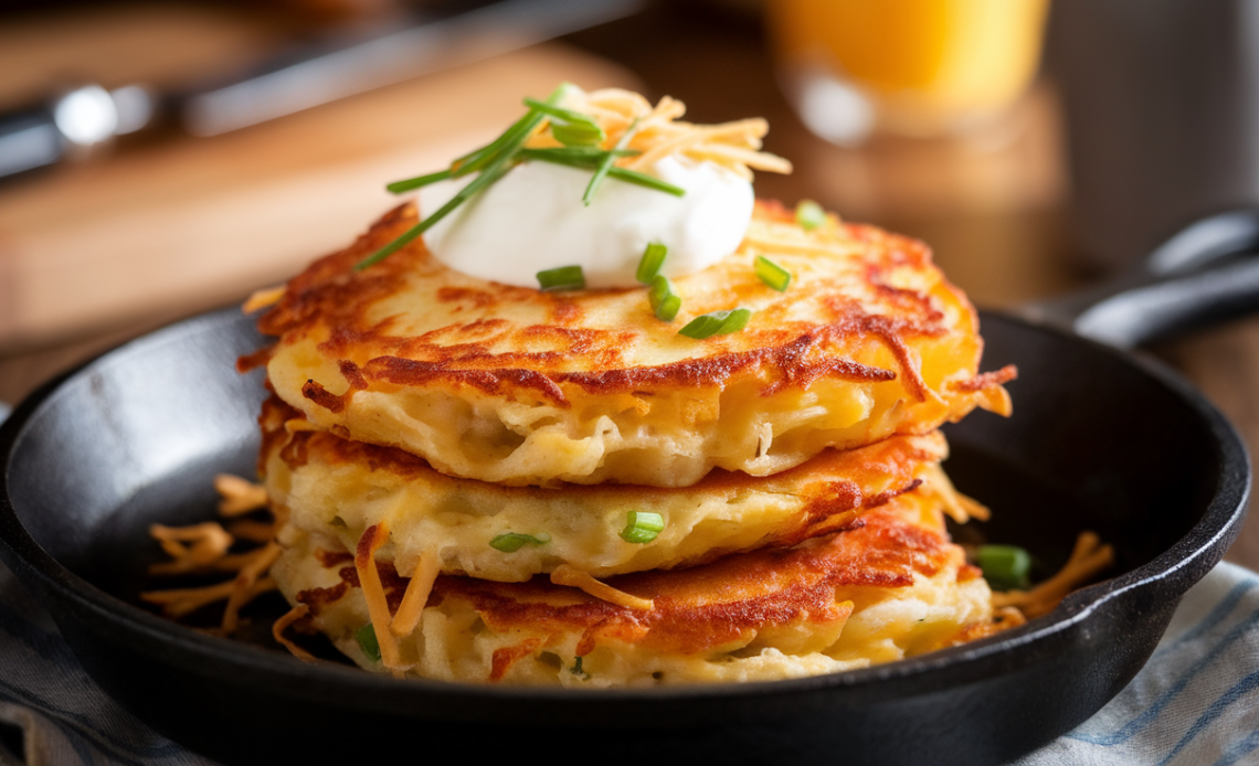 Golden brown cheesy potato pancakes stacked on a plate, garnished with fresh herbs and served with a dollop of sour cream.