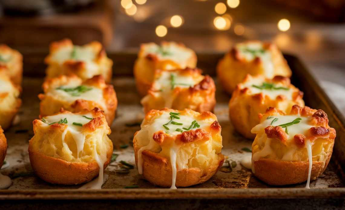 Golden-brown cheesy mashed potato puffs fresh from the oven, garnished with chives, served on a white baking tray.